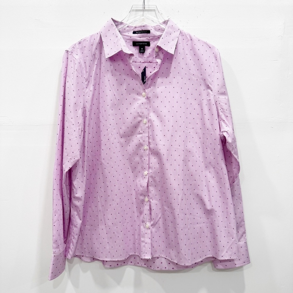 Lands’ End No Iron Supima Cotton Shirt Button Down Violet Pink Stripe Size 18